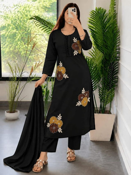 Embroidery Work Black Cotton Suit Set