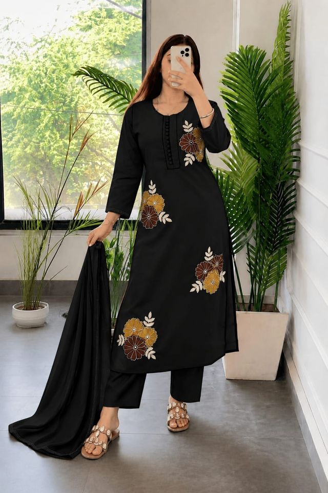 Embroidery Work Black Cotton Suit Set