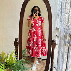Red Ikat Print Cotton Full Flare Midi Gown