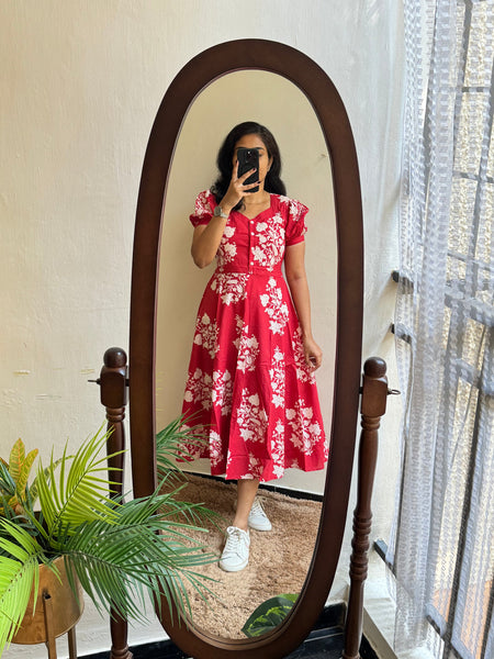 Red Ikat Print Cotton Full Flare Midi Gown