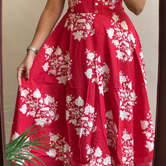 Red Ikat Print Cotton Full Flare Midi Gown