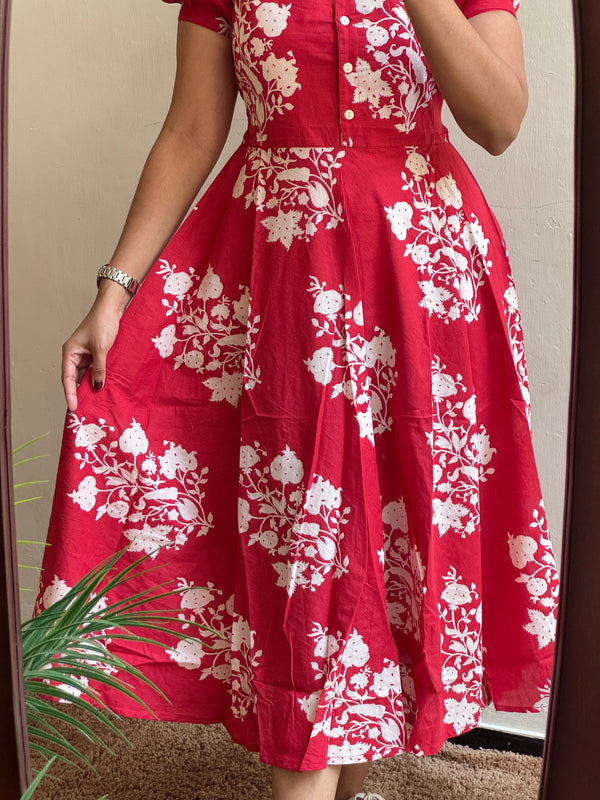 Red Ikat Print Cotton Full Flare Midi Gown