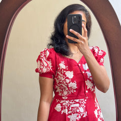 Red Ikat Print Cotton Full Flare Midi Gown