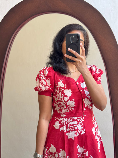 Red Ikat Print Cotton Full Flare Midi Gown