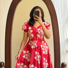 Red Ikat Print Cotton Full Flare Midi Gown