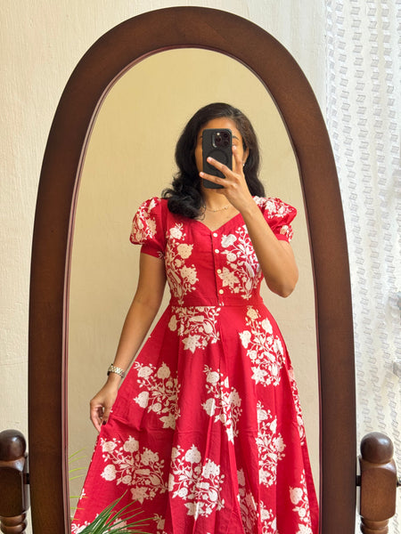 Red Ikat Print Cotton Full Flare Midi Gown