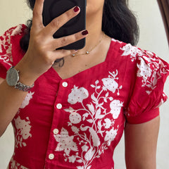 Red Ikat Print Cotton Full Flare Midi Gown