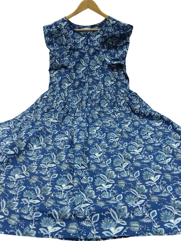Blue Kalamkari Print Cotton Midi Gown