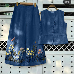 Blue Embroidered Cotton Slub Co-ord Set