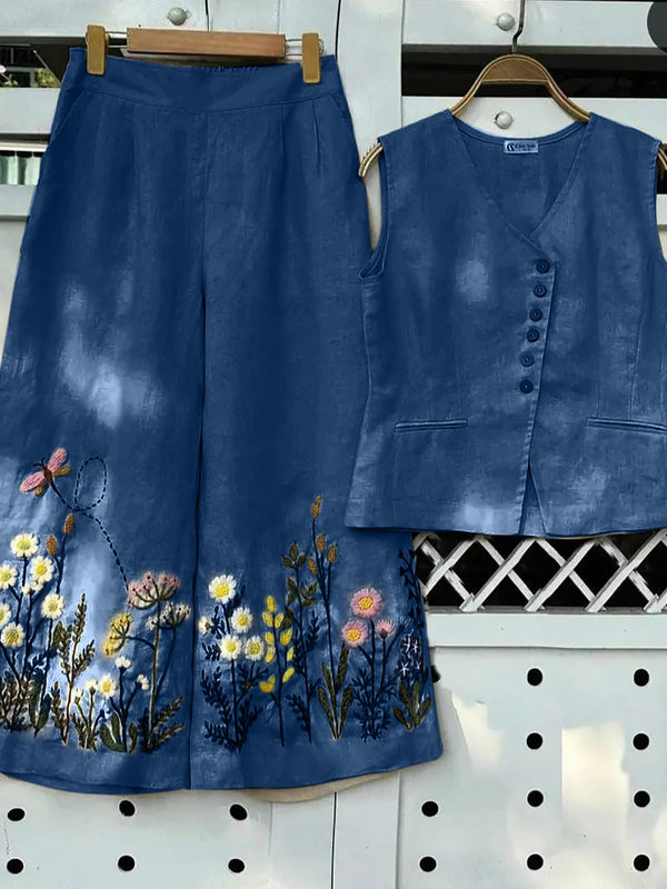 Blue Embroidered Cotton Slub Co-ord Set