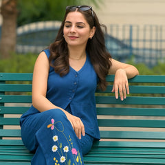 Blue Embroidered Cotton Slub Co-ord Set