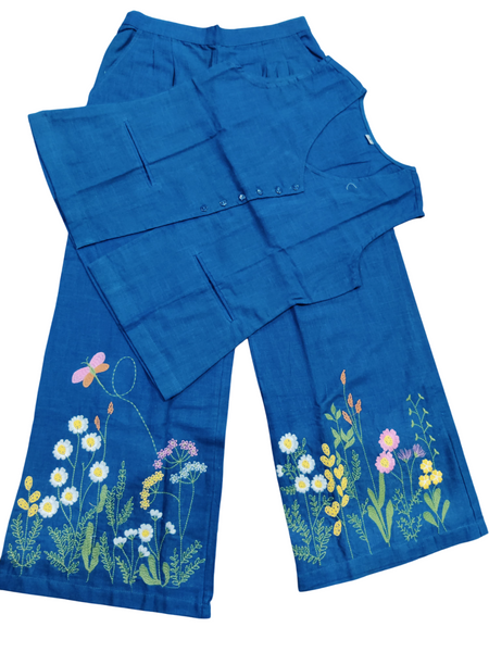 Blue Embroidered Cotton Slub Co-ord Set