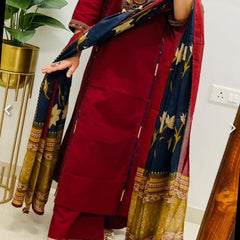 Embroidery Work Maroon Cotton Suit Set