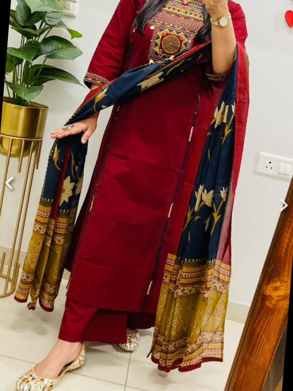 Embroidery Work Maroon Cotton Suit Set