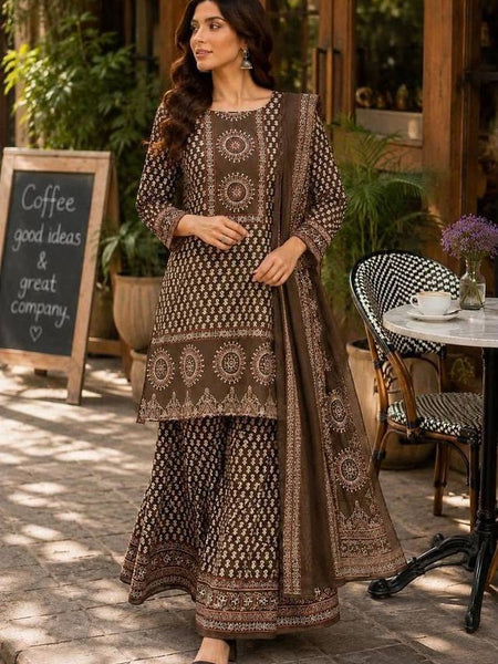 Beautiful Printed Brown Cotton Gopi Dress Set