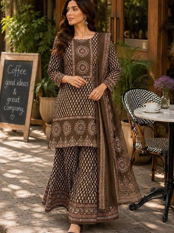Beautiful Printed Brown Cotton Gopi Dress Set
