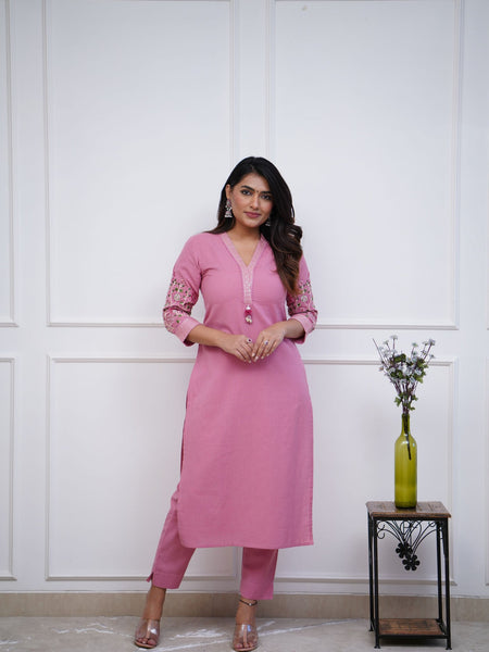 Beautiful Embroidered Pink Kurti Pant Set