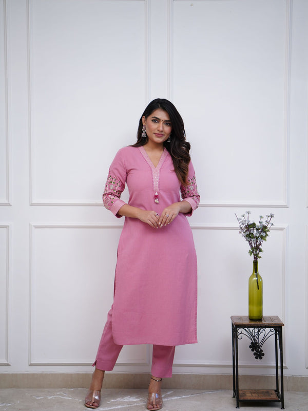 Beautiful Embroidered Pink Kurti Pant Set