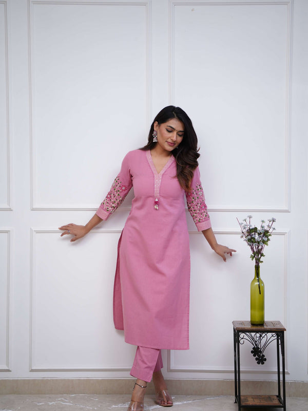 Beautiful Embroidered Pink Kurti Pant Set