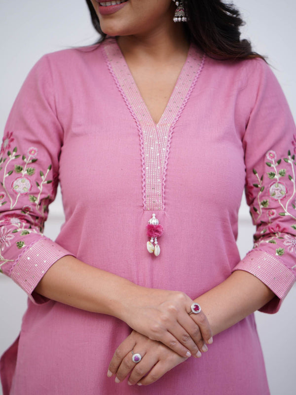 Beautiful Embroidered Pink Kurti Pant Set