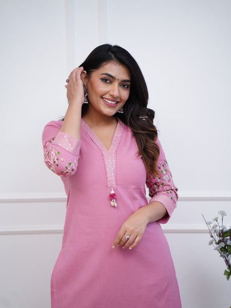 Beautiful Embroidered Pink Kurti Pant Set