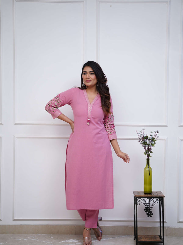 Beautiful Embroidered Pink Kurti Pant Set