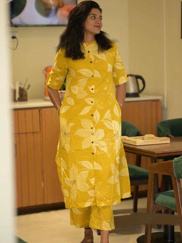 Yellow Printed Cotton Kurti Palazzo Set