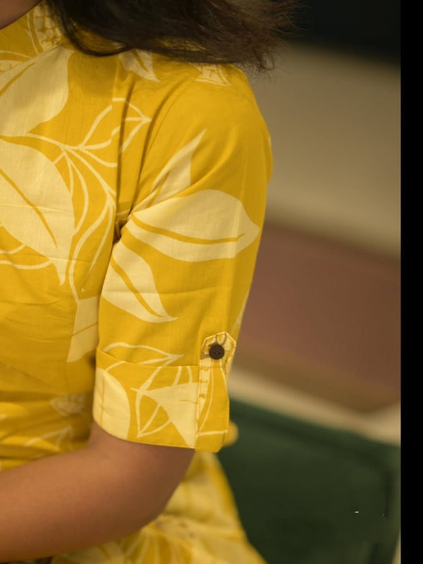 Yellow Printed Cotton Kurti Palazzo Set