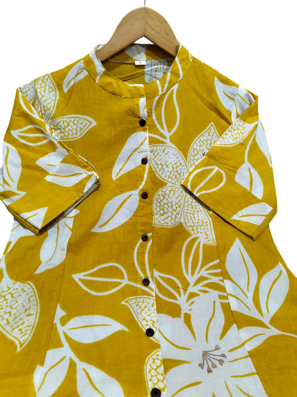 Yellow Printed Cotton Kurti Palazzo Set