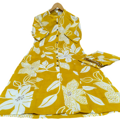 Yellow Printed Cotton Kurti Palazzo Set