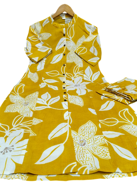 Yellow Printed Cotton Kurti Palazzo Set