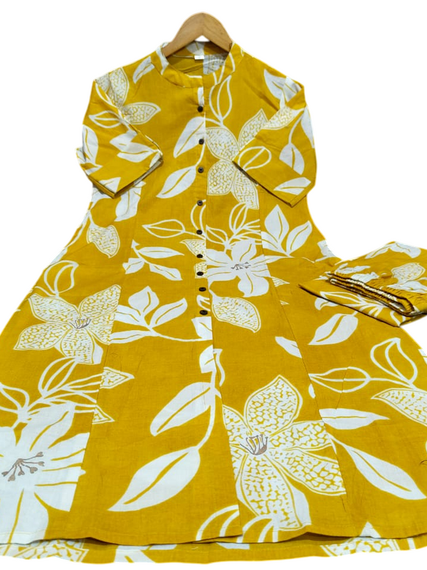 Yellow Printed Cotton Kurti Palazzo Set