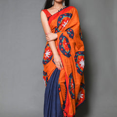Orange & Blue Floral Pure Cotton Half And Half Saree Women