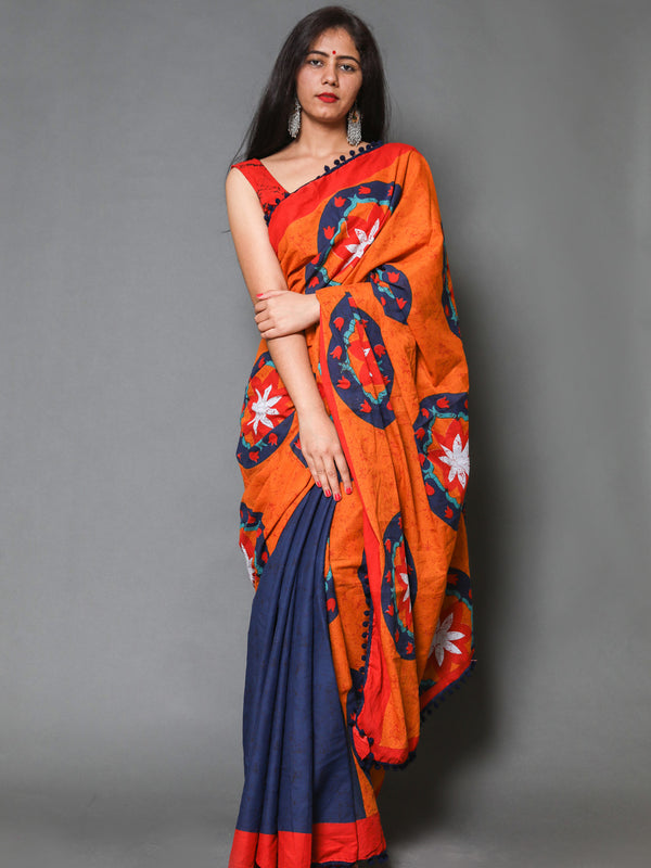 Orange & Blue Floral Pure Cotton Half And Half Saree Women