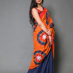 Orange & Blue Floral Pure Cotton Half And Half Saree Women