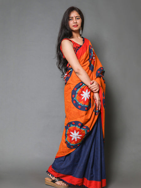 Orange & Blue Floral Pure Cotton Half And Half Saree Women