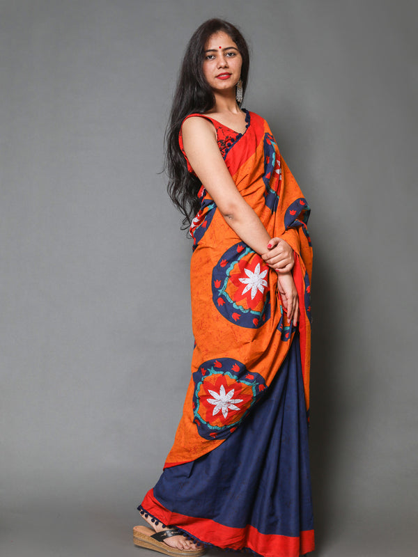 Orange & Blue Floral Pure Cotton Half And Half Saree Women