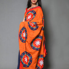 Orange & Blue Floral Pure Cotton Half And Half Saree Women