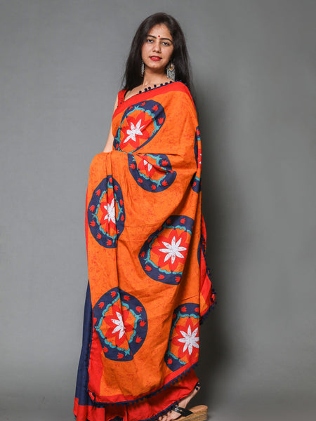 Orange & Blue Floral Pure Cotton Half And Half Saree Women