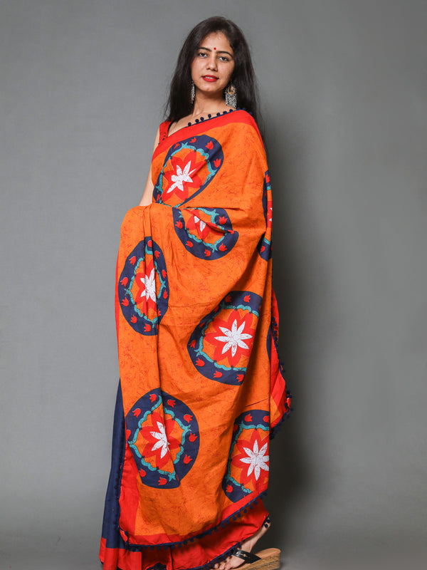 Orange & Blue Floral Pure Cotton Half And Half Saree Women