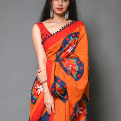 Orange & Blue Floral Pure Cotton Half And Half Saree Women