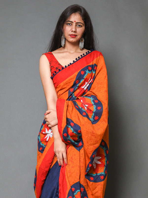 Orange & Blue Floral Pure Cotton Half And Half Saree Women