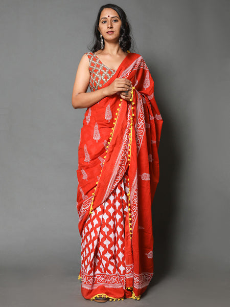 Orange & Grey Ethnic Motif Cotton Saree for Women