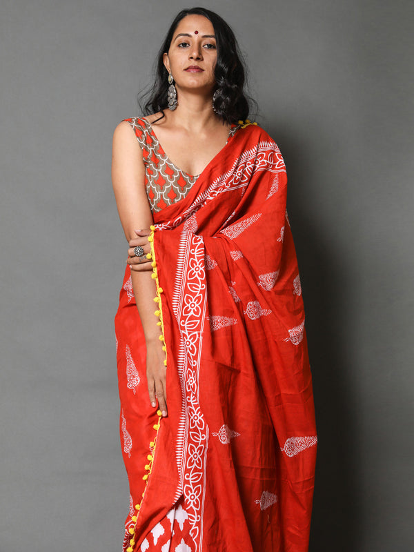 Orange & Grey Ethnic Motif Cotton Saree for Women