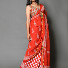 Orange & Grey Ethnic Motif Cotton Saree for Women