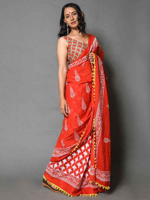 Orange & Grey Ethnic Motif Cotton Saree for Women