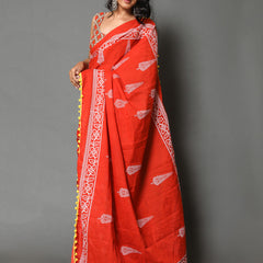Orange & Grey Ethnic Motif Cotton Saree for Women