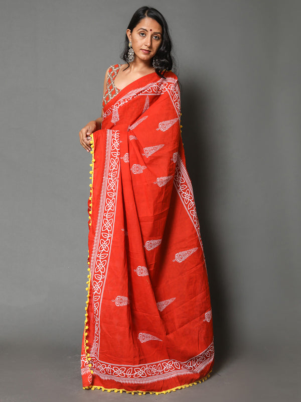 Orange & Grey Ethnic Motif Cotton Saree for Women