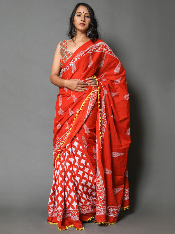 Orange & Grey Ethnic Motif Cotton Saree for Women