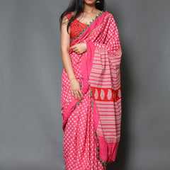Pink & White Ethnic Motif Cotton Saree for Women